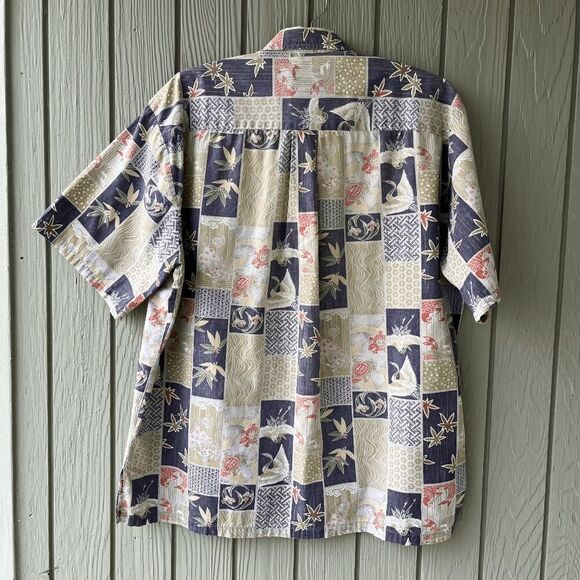 Tori Richard Hawaii Shirt L Cranes Koi Patch Print 100% Cotton Aloha - Picture 2 of 14